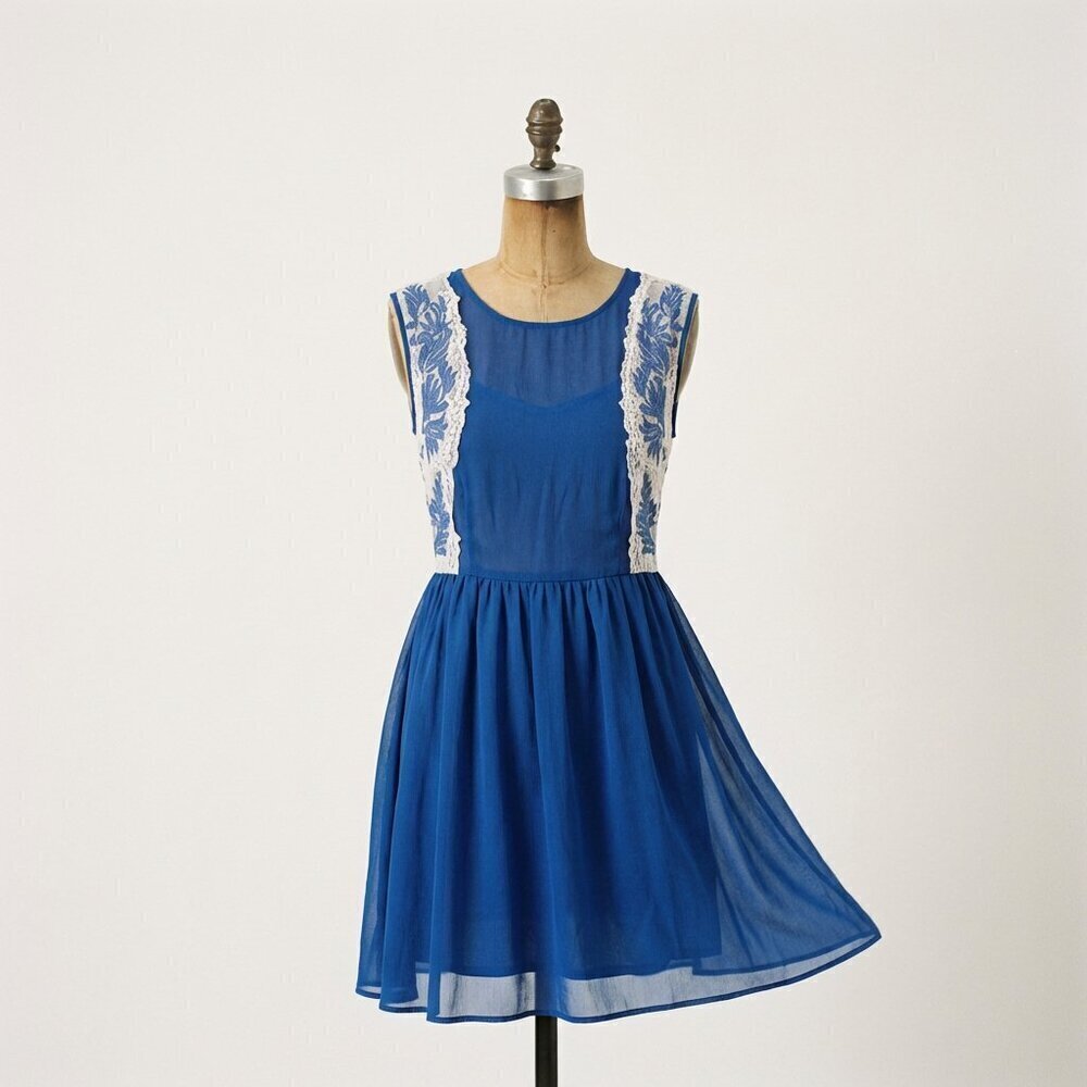 Urban Outfitters Pins and Needles Embroidered Royal Blue Deep V back Flowy Dress - Picture 12 of 12
